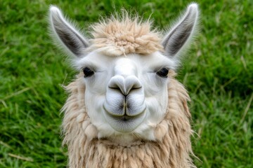 Obraz premium Close-up portrait photo of a fluffy adult llama with white fur and a gentle smile, standing against a soft green meadow background