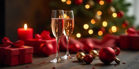 Festive Holiday Table Decor with Champagne, Ornaments, and Candlelight