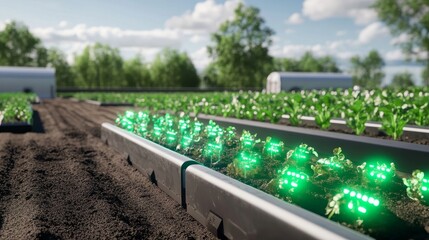 An AI powered precision agriculture system analyzing soil conditions and crop health in a high tech farm, providing actionable insights, glowing soil sensor interface