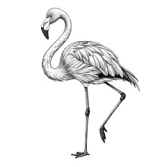 Fototapeta premium Elegant Flamingo Pose: A monochrome illustration of a flamingo, showcasing its graceful posture with one leg raised, capturing the bird's elegance and unique silhouette.