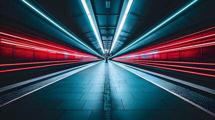 Naklejka premium Futuristic Urban Tunnel with Dynamic Red and Blue Lights Creating an Abstract Motion Effect