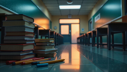 Stack of books in dim school corridor at dusk, end of school year