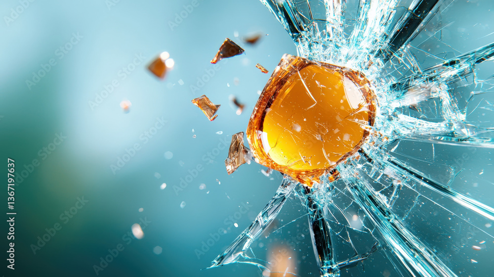 Poster close up of shattered glass with scattered fragments and vibrant blue background creates dynamic and