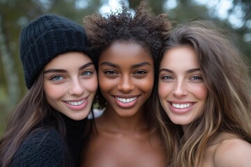 Obraz premium Three young women taking selfie pic with smart mobile phone device outside - Multiracial women smiling at camera together