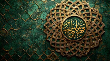 Ornate golden calligraphy on textured green background