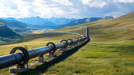 A massive crude oil pipeline snaking across a vast remote landscape cutting through mountains valleys and grasslands