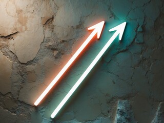 Neon arrows pointing upwards on a textured wall.