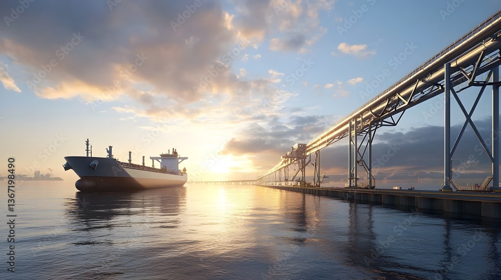 Poster cargo ship docking at a port connected to an advanced pipeline loading system that facilitates effic