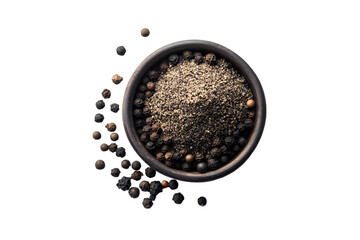 Black peppercorns and ground pepper in a bowl