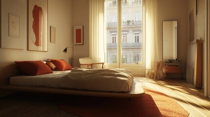 Obraz premium A modern bedroom with cream-colored walls, a golden bed frame, and red accent pillows, creating a warm and inviting atmosphere.