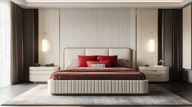A modern bedroom with cream-colored walls, a golden bed frame, and red accent pillows, creating a warm and inviting atmosphere.