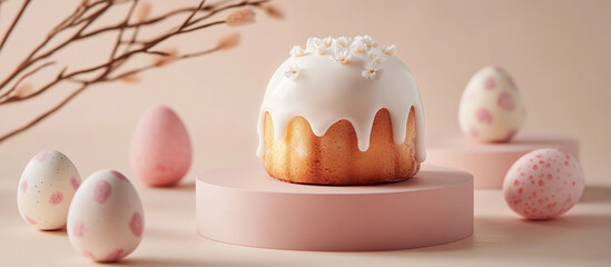 Modern easter kulich cake design with pastel pink decor