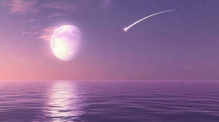 Glowing Moon Over Icy Blue Ocean Under Starry Sky at Twilight with a Shooting Star