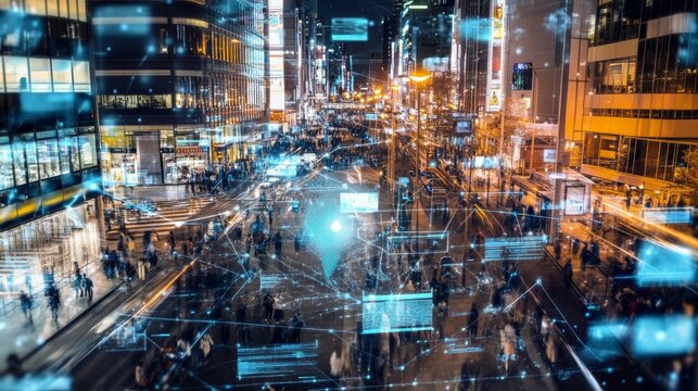 An AI powered real time public safety monitoring system, analyzing live surveillance data and using predictive algorithms to detect criminal activity or emergencies, glowing safety interface