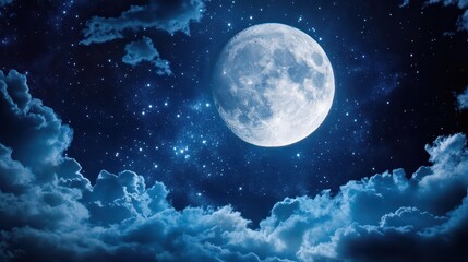 Illuminated Full Moon Shining Brightly in a Starry Night Sky with Dramatic Clouds