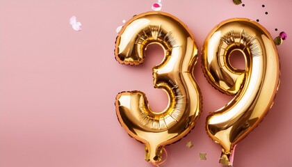 Banner with 39 number golden balloons with pastel background, copy space. Generated image