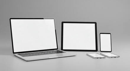Modern Devices Mockup: Laptop, Tablet, and Smartphone on Gray Background