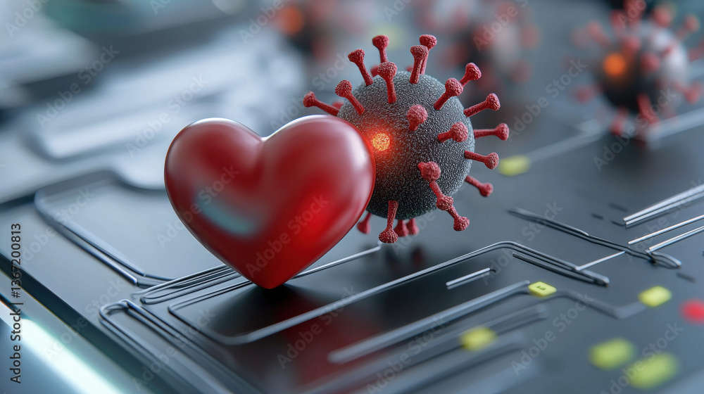 Leinwandbilder 3d rendered image depicts heart shaped icon and virus model on digital circuit board, symbolizing in