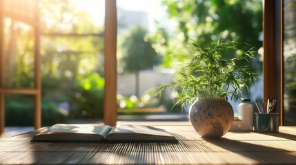 A modern study area with a bamboo desk, soft warm lighting, and a lucky jade plant in a ceramic planter.