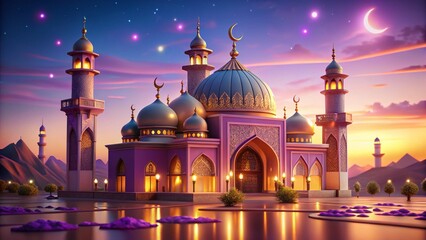3D Animated Ramadan Celebration: Purple Mosque at Sunset, Copy Space