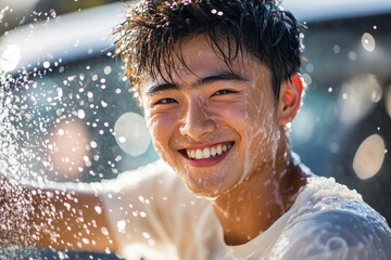 Handsome young man, Asian descent, smiling while washing his car, splashes of water on his face under the summer sun, The Male Consumer

