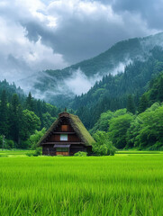 Obraz premium Alpine cottage in a lush green meadow with mountain views under a cloudy sky