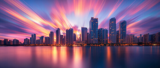 未来都市, 高層ビル, サンセット, シティスケープ, 光の軌跡