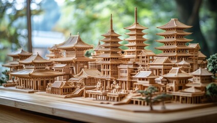 Obraz premium intricate miniature wooden city showcasing asian architectural design with detailed pagoda structures against a blurred natural background setting