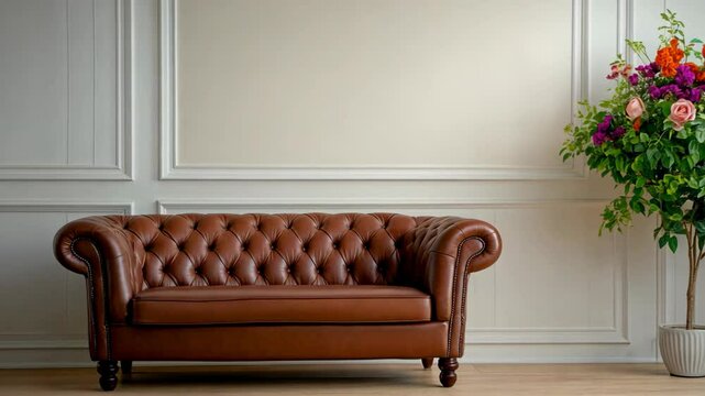 mock up ,Stylish luxury room interior with furniture template, brown capitone leather sofa in white wall room 