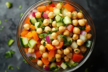 A vibrant chickpea salad with fresh vegetables in clear bowl. Showcase healthy eating, vegan recipes, and vegetarian lifestyle.
