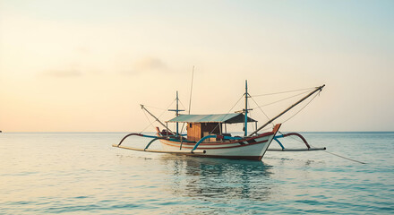 Naklejka premium Traditional Fishing Boat At Sunrise
