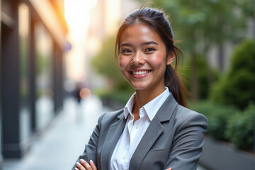 Portrait of a confident young entrepreneur smiling brightly while standing outdoors in a modern urban environment