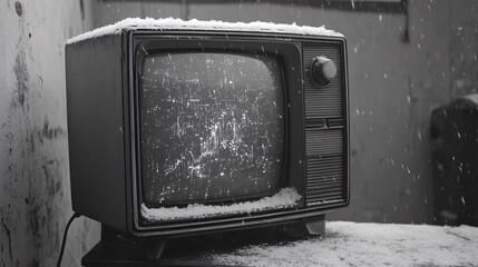 Snowy day, old TV static, urban background, nostalgic feel, media