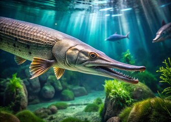 Fototapeta premium 4K Panoramic Close-up of a Massive Alligator Gar in Aquarium