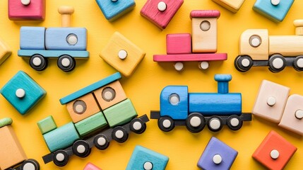 Obraz premium Colorful Wooden Toy Trains and Building Blocks Arranged on Bright Yellow Background