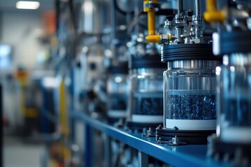 Naklejka premium Glass vessels filled with liquid sit in a lab research setting. It could be used to illustrate science or laboratory research concepts.
