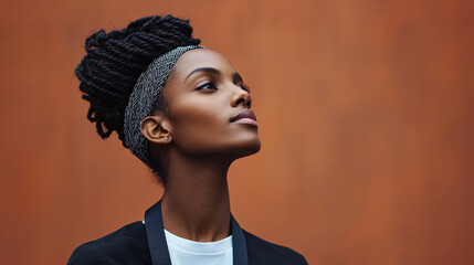 confident individual with braided hair and headband gazes upward against warm, textured background, exuding elegance and poise