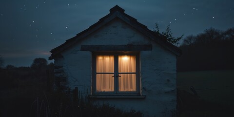 Glowing Cottage Window Night Dusk Mystery