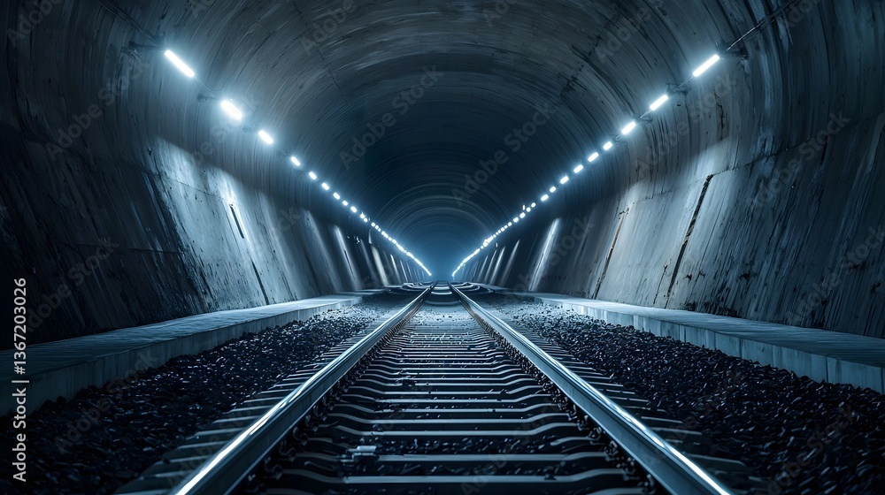 Poster illuminated underground railway tunnel with soft white led lights creating a modern serene and futur