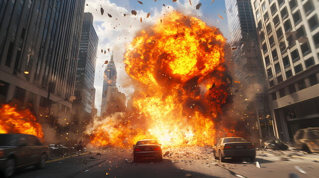 Cars escaping huge explosion in city center during war