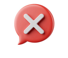 Fototapeta premium 3D red speech bubble with white X icon on transparent background, PNG
