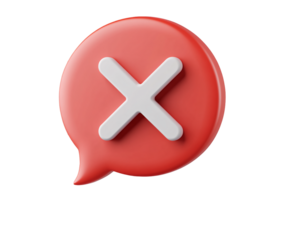 3D red speech bubble with white X icon on transparent background, PNG