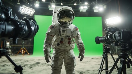 Astronaut suit on a film set with green screen and professional cameras.