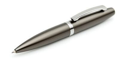 A silver pen with a silver clip on the top