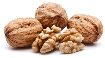 Walnuts in Their Shell and Shelled Pieces Displayed on a White Background