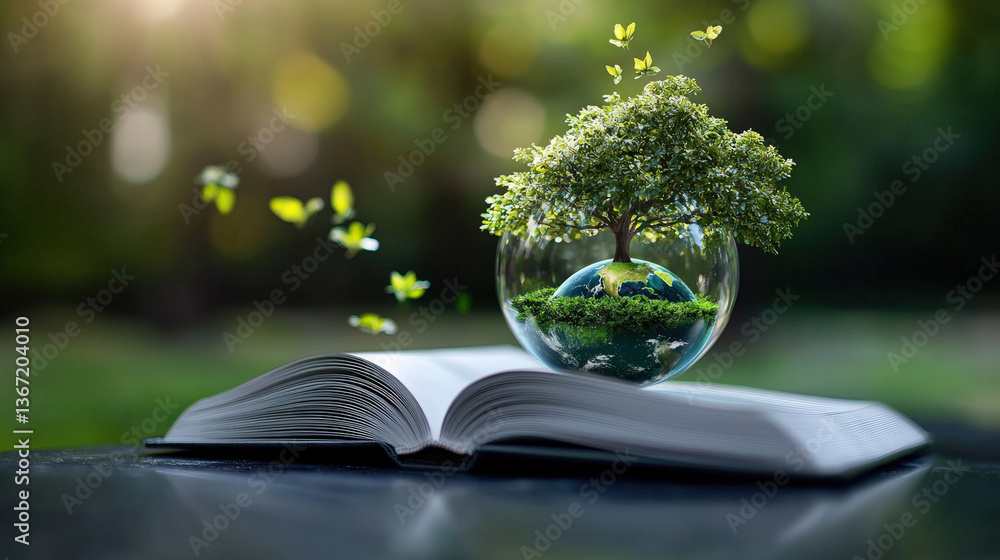 Aufkleber futuristic 3d book with holographic green earth and floating butterflies creates magical scene. tree