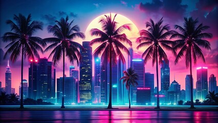 80s Retro Miami Nightlife Double Exposure Stock Photo: Neon Lights & Palm Trees