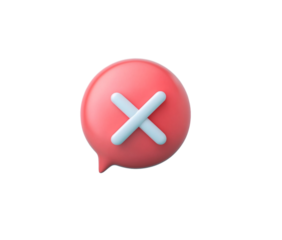 3D red speech bubble with white X icon on transparent background, PNG