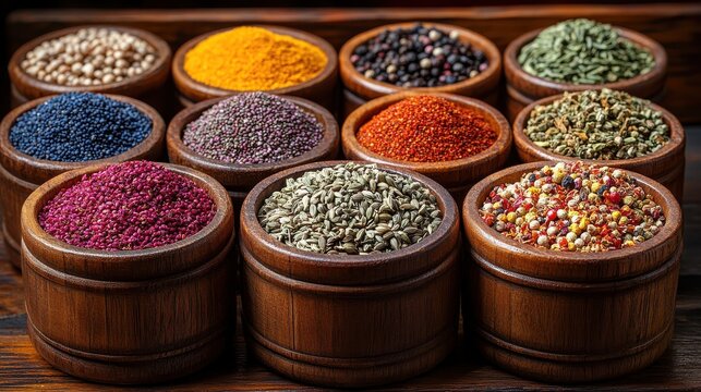 a collection of twelve wooden bowls filled with various dried spices seeds herbs,powders including cumin flaxseeds pink peppercorns hemp seeds,herbal blends for culinary,medicinal