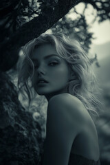 Fototapeta premium Woman with blonde hair is standing in front of a tree. The image has a moody and mysterious feel to it, as the woman is partially hidden by the tree
